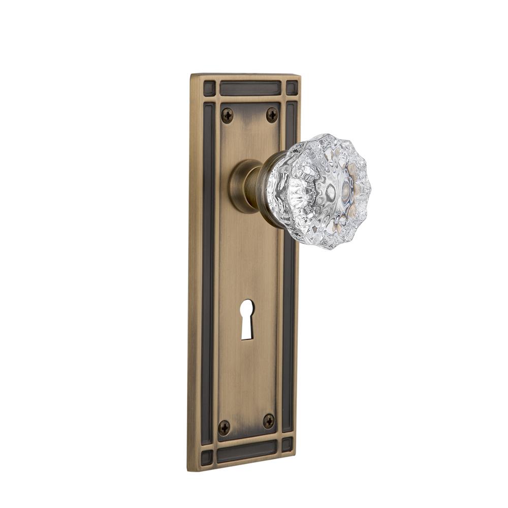 Nostalgic Warehouse MISCRY Single Dummy Knob Mission Plate with Crystal Knob and Keyhole in Antique Brass